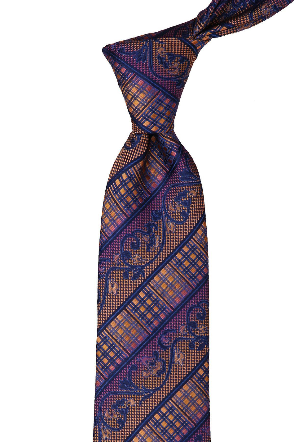 Lacivert - Safran Motif Desen Mendilli Klasik Kravat KK10147