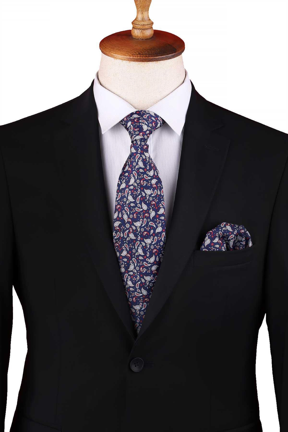 Lacivert Şal Desen Baskılı Mendilli Klasik Kravat KK13343