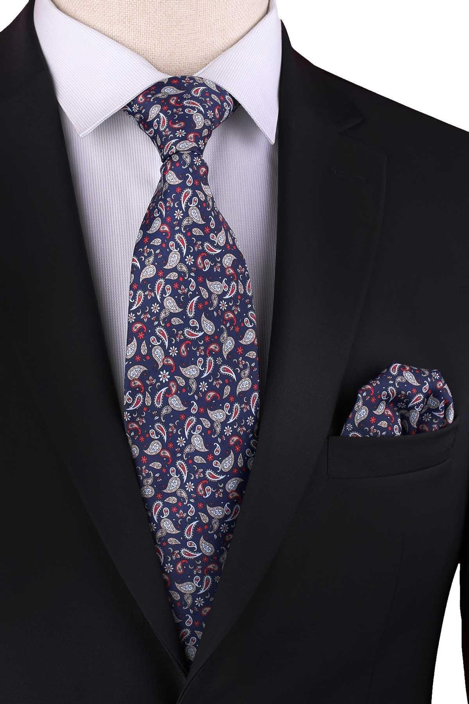 Lacivert Şal Desen Baskılı Mendilli Klasik Kravat KK13343