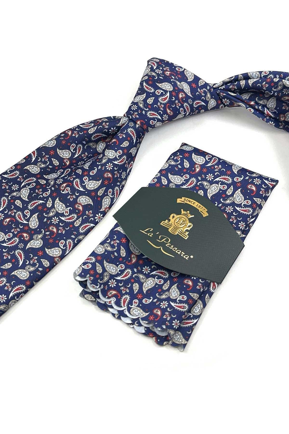 Lacivert Şal Desen Baskılı Mendilli Klasik Kravat KK13343