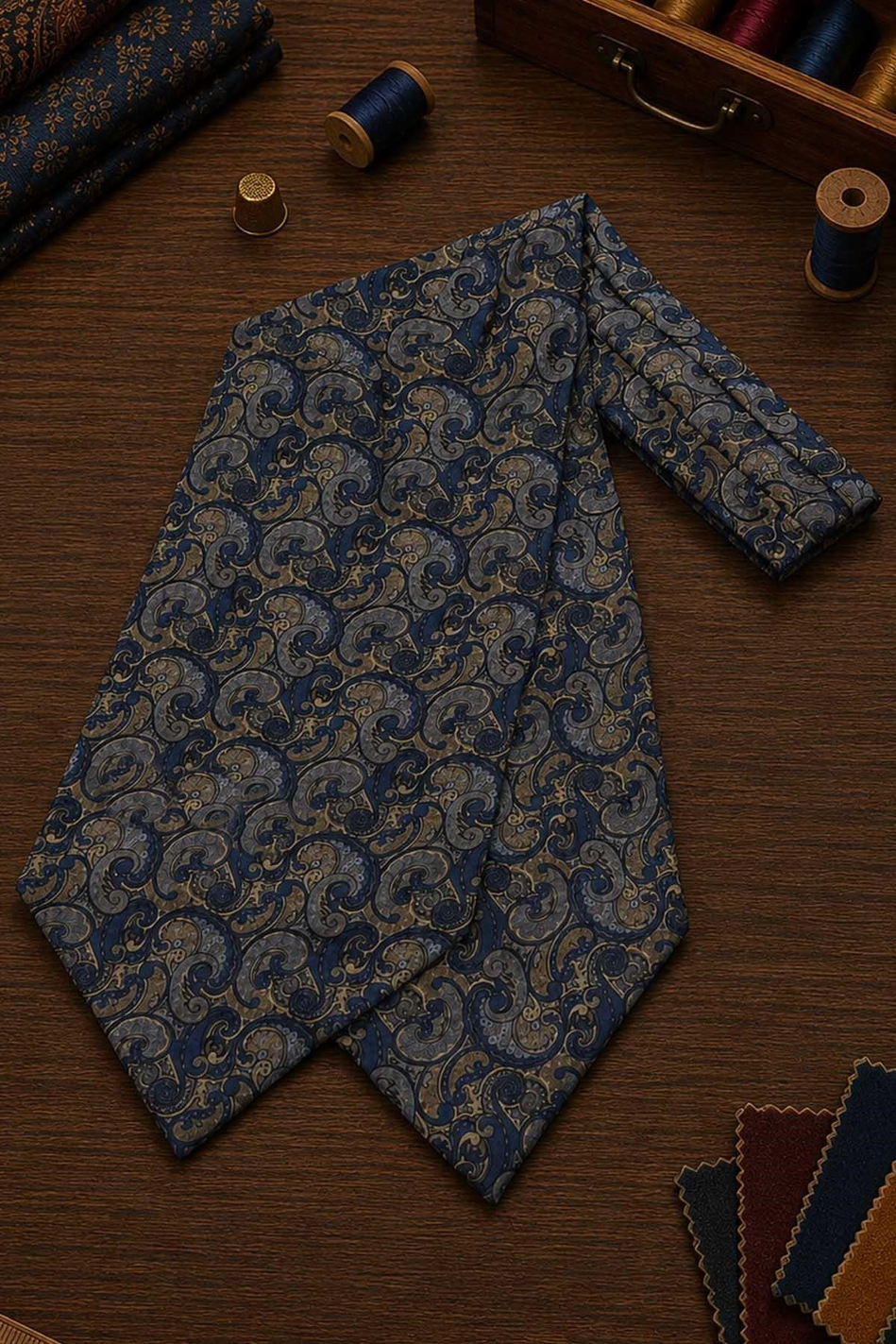 Lacivert Şal Desen İtalyan İpek Ascot Kravat SAC91