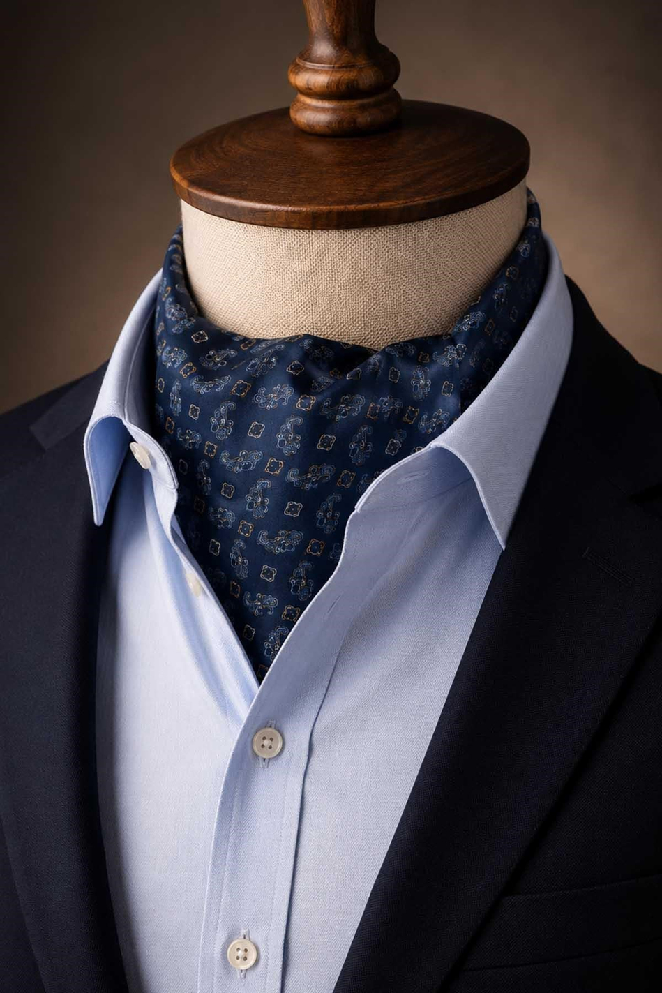 Lacivert Şal Desen İtalyan İpek Ascot Kravat SAC104