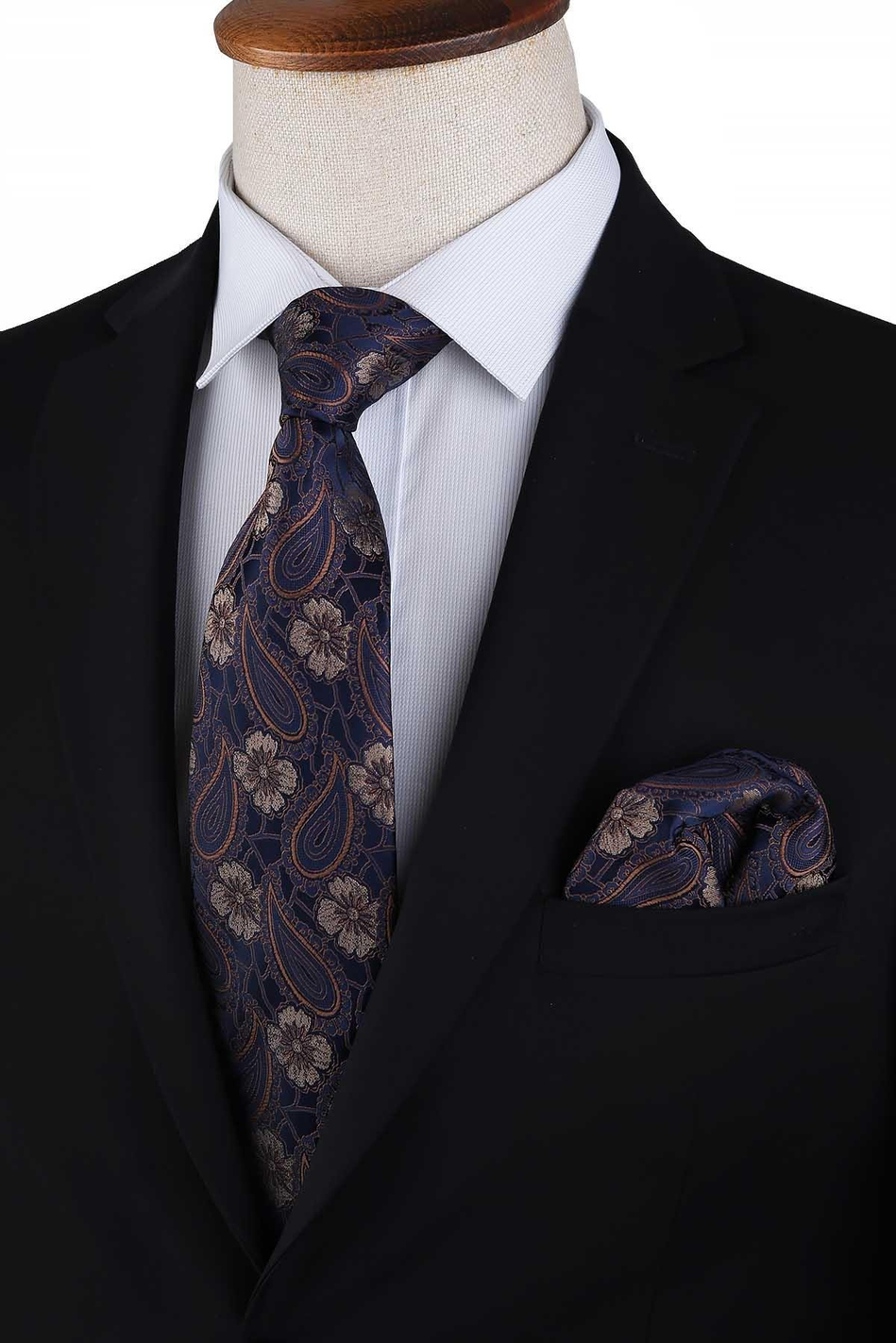 Lacivert Şal Desen Mendilli Klasik Kravat KK13118