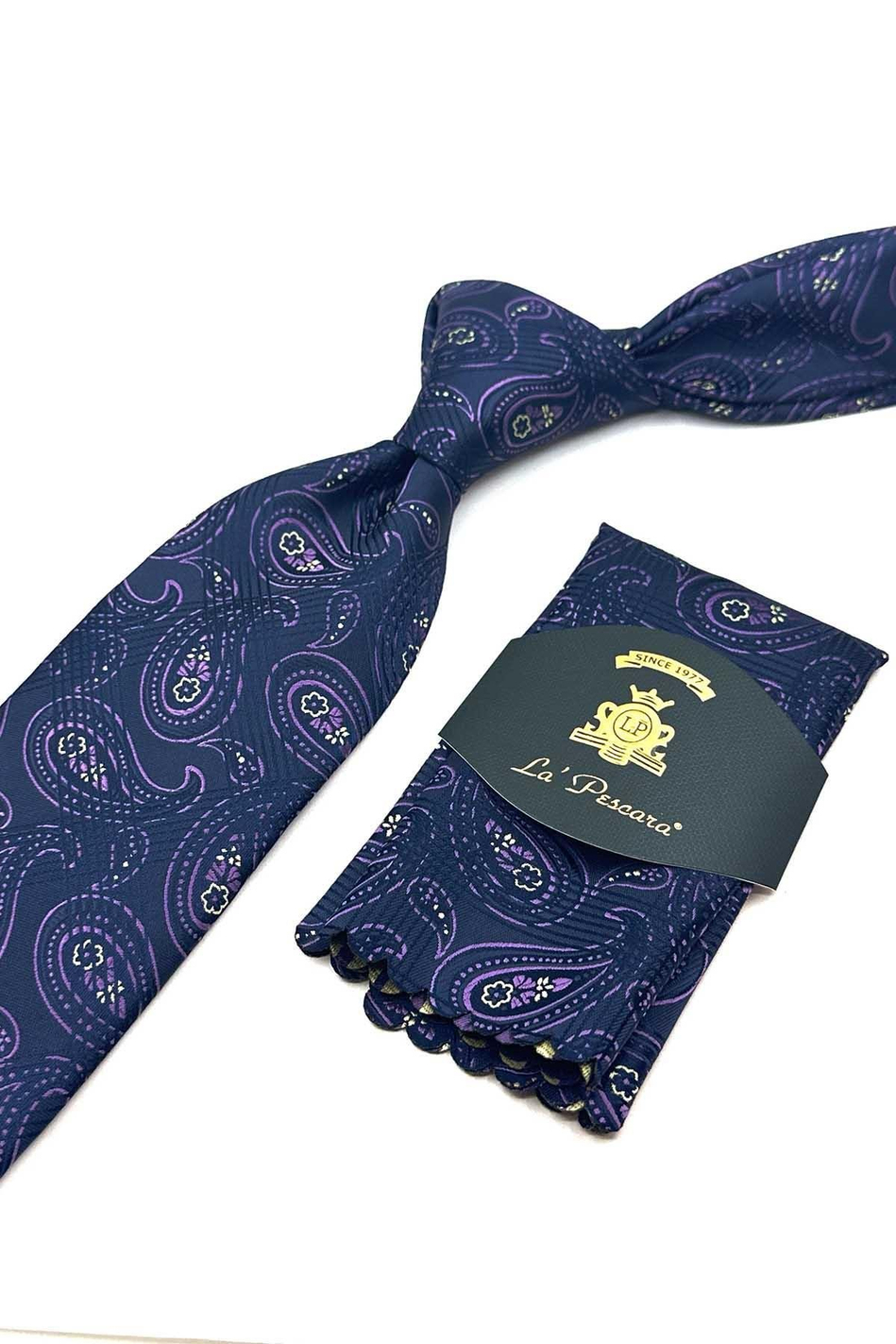 Lacivert Şal Desen Mendilli Klasik Kravat KK13006