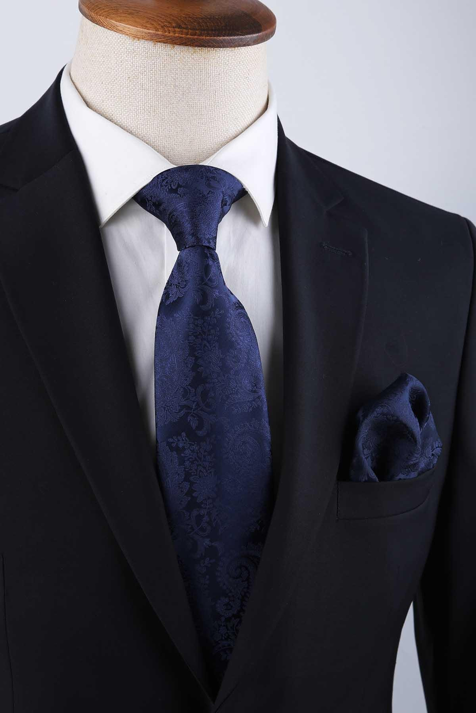 Lacivert Şal Desen Mendilli Klasik Kravat KK13123