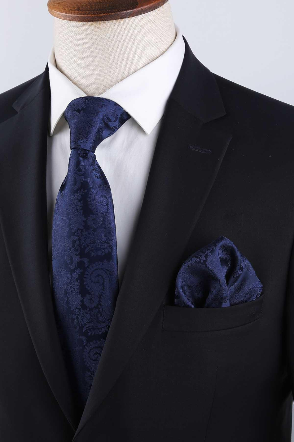 Lacivert Şal Desen Mendilli Klasik Kravat KK13123