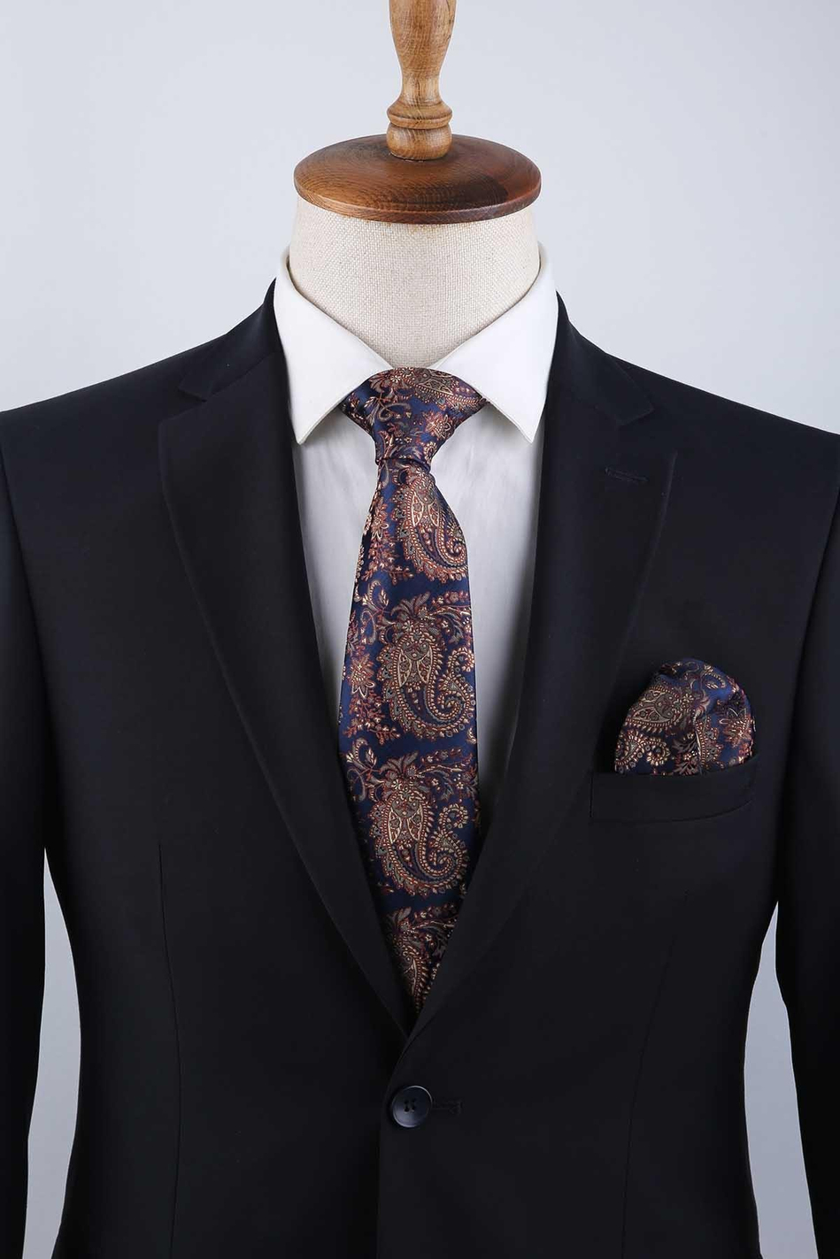 Lacivert Şal Desen Mendilli Klasik Kravat KK13122