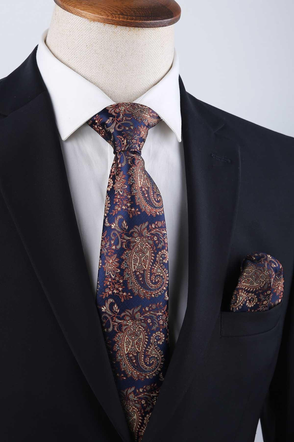 Lacivert Şal Desen Mendilli Klasik Kravat KK13122