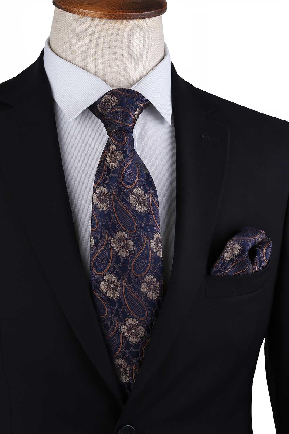 Lacivert Şal Desen Mendilli Klasik Kravat KK13118