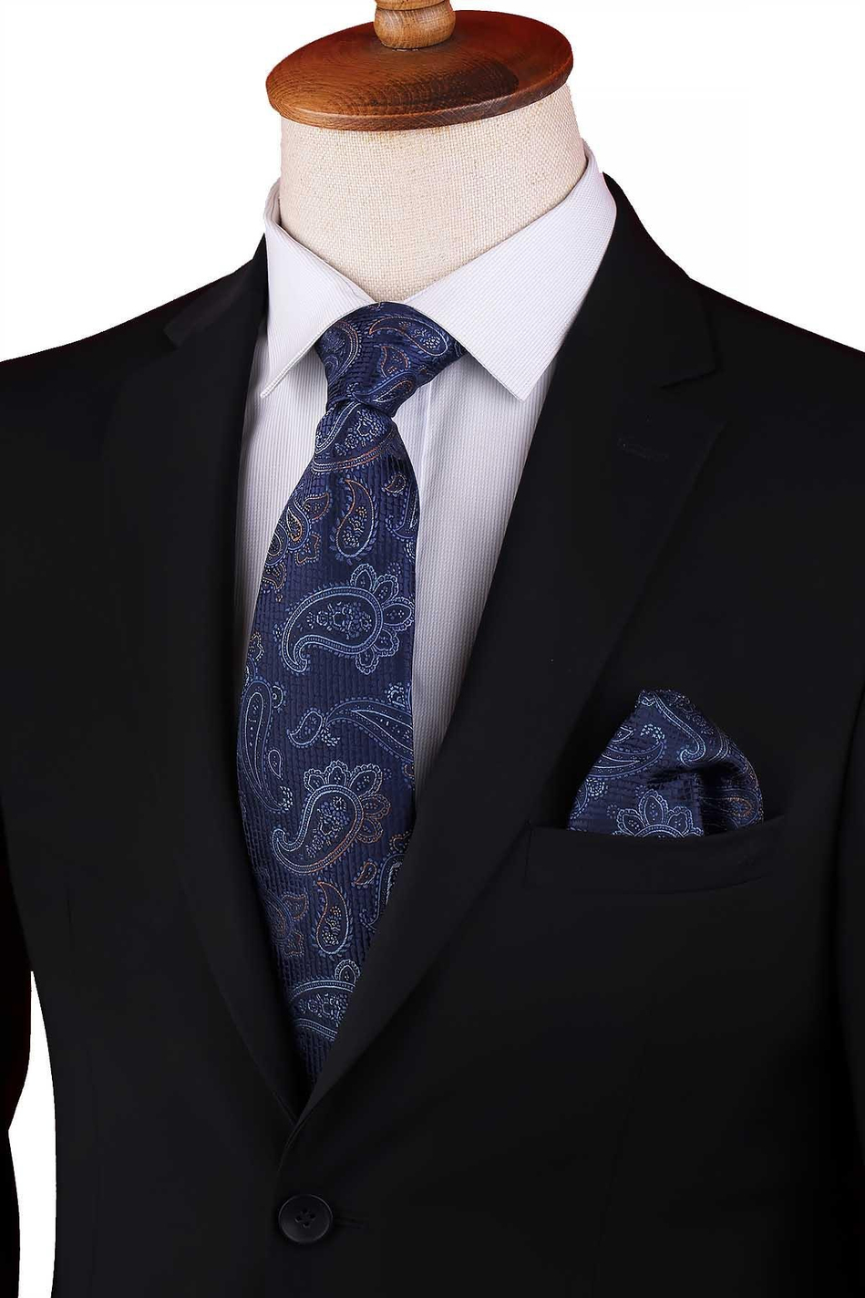Lacivert Şal Desen Mendilli Klasik Kravat KK13129