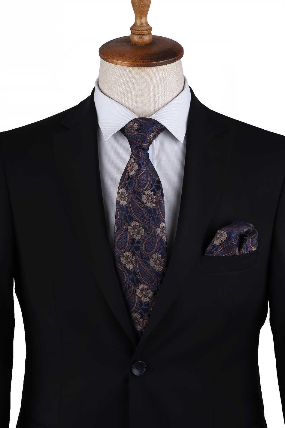 Lacivert Şal Desen Mendilli Klasik Kravat KK13118