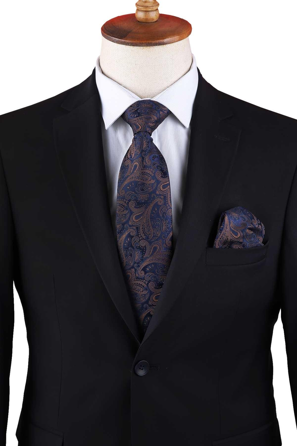 Lacivert Şal Desen Mendilli Klasik Kravat KK13118