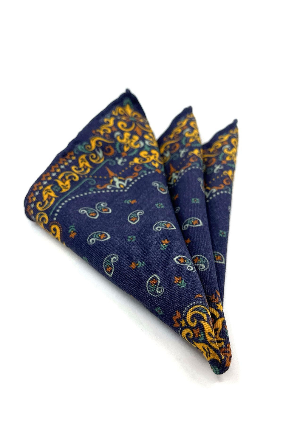 Lacivert - Sarı El Dikişi İtalyan Yün Cep Mendili WL03