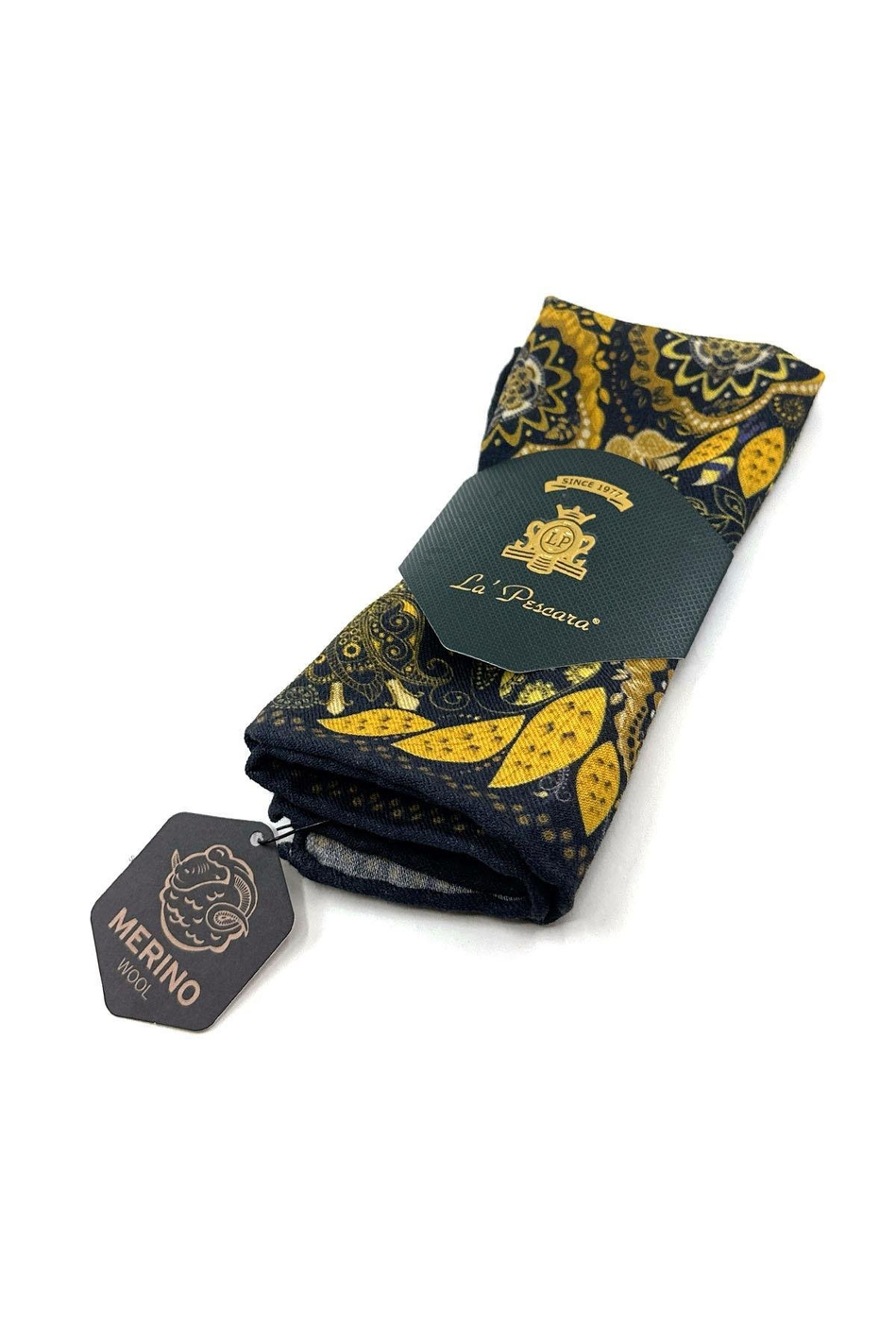 Lacivert - Sarı El Dikişi İtalyan Yün Cep Mendili WL06