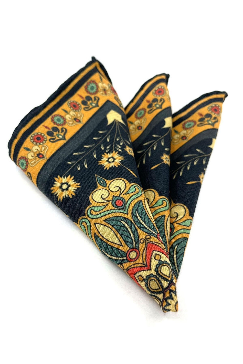 Lacivert - Sarı El Dikişi İtalyan Yün Cep Mendili WL10
