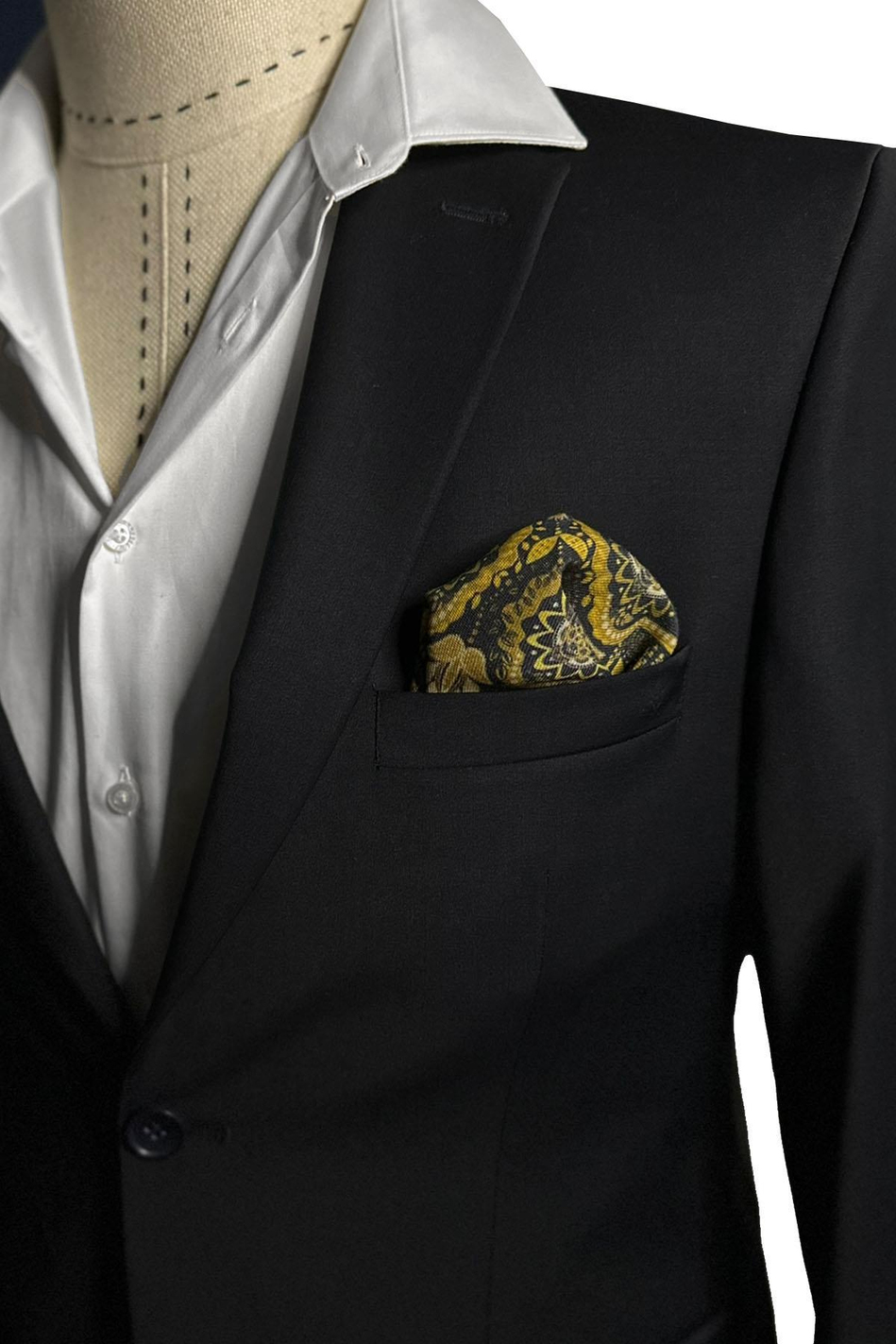 Lacivert - Sarı El Dikişi İtalyan Yün Cep Mendili WL06