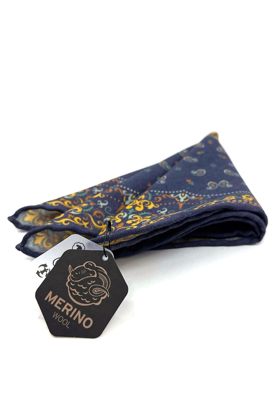 Lacivert - Sarı El Dikişi İtalyan Yün Cep Mendili WL03