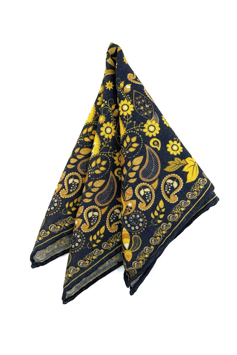 Lacivert - Sarı El Dikişi İtalyan Yün Cep Mendili WL14