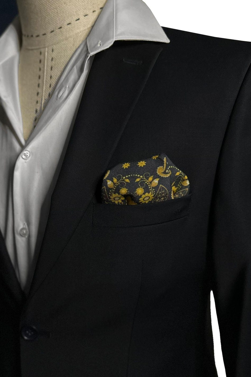 Lacivert - Sarı El Dikişi İtalyan Yün Cep Mendili WL14