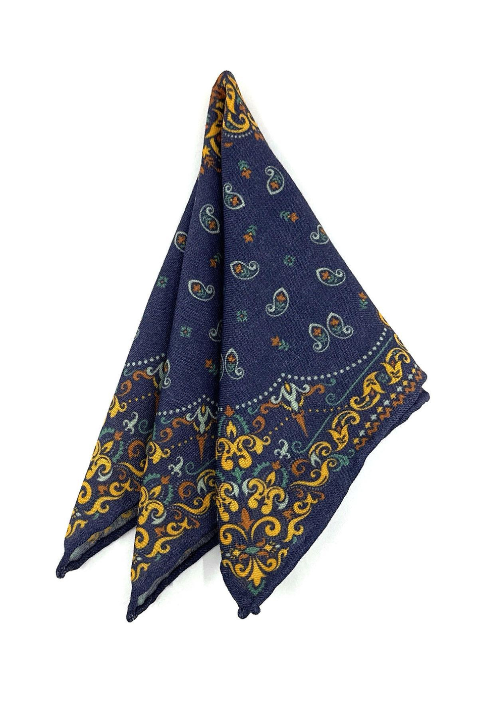 Lacivert - Sarı El Dikişi İtalyan Yün Cep Mendili WL03