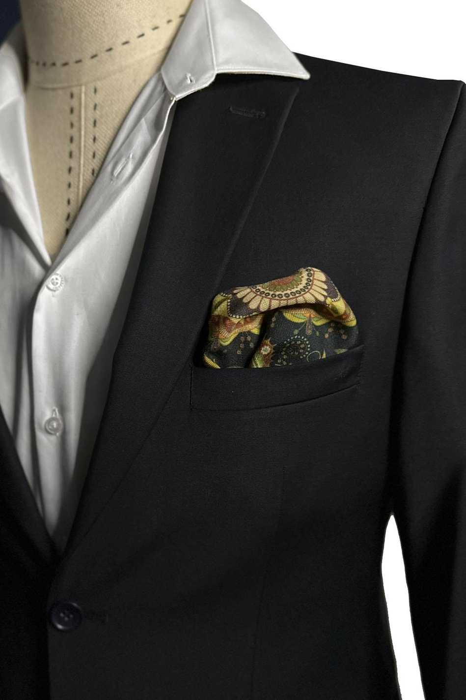 Lacivert - Sarı El Dikişi İtalyan Yün Cep Mendili WL12