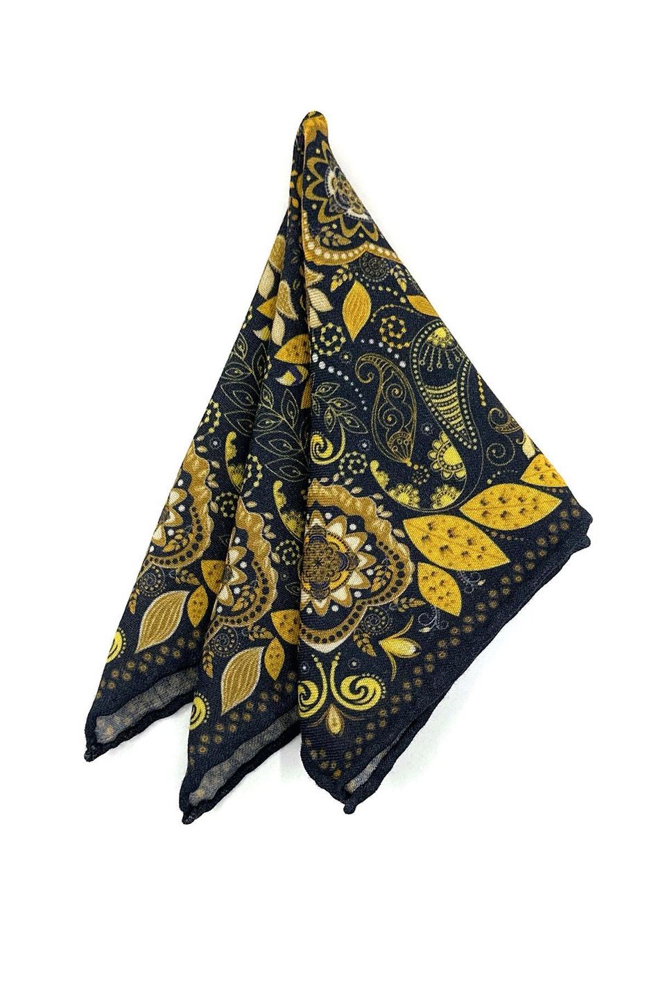 Lacivert - Sarı El Dikişi İtalyan Yün Cep Mendili WL06