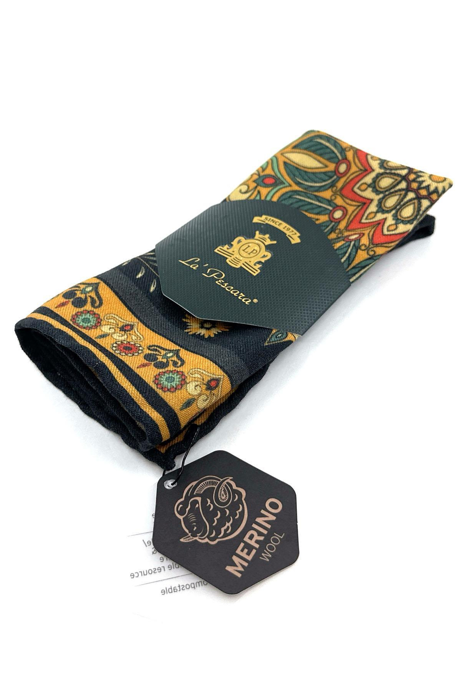 Lacivert - Sarı El Dikişi İtalyan Yün Cep Mendili WL10