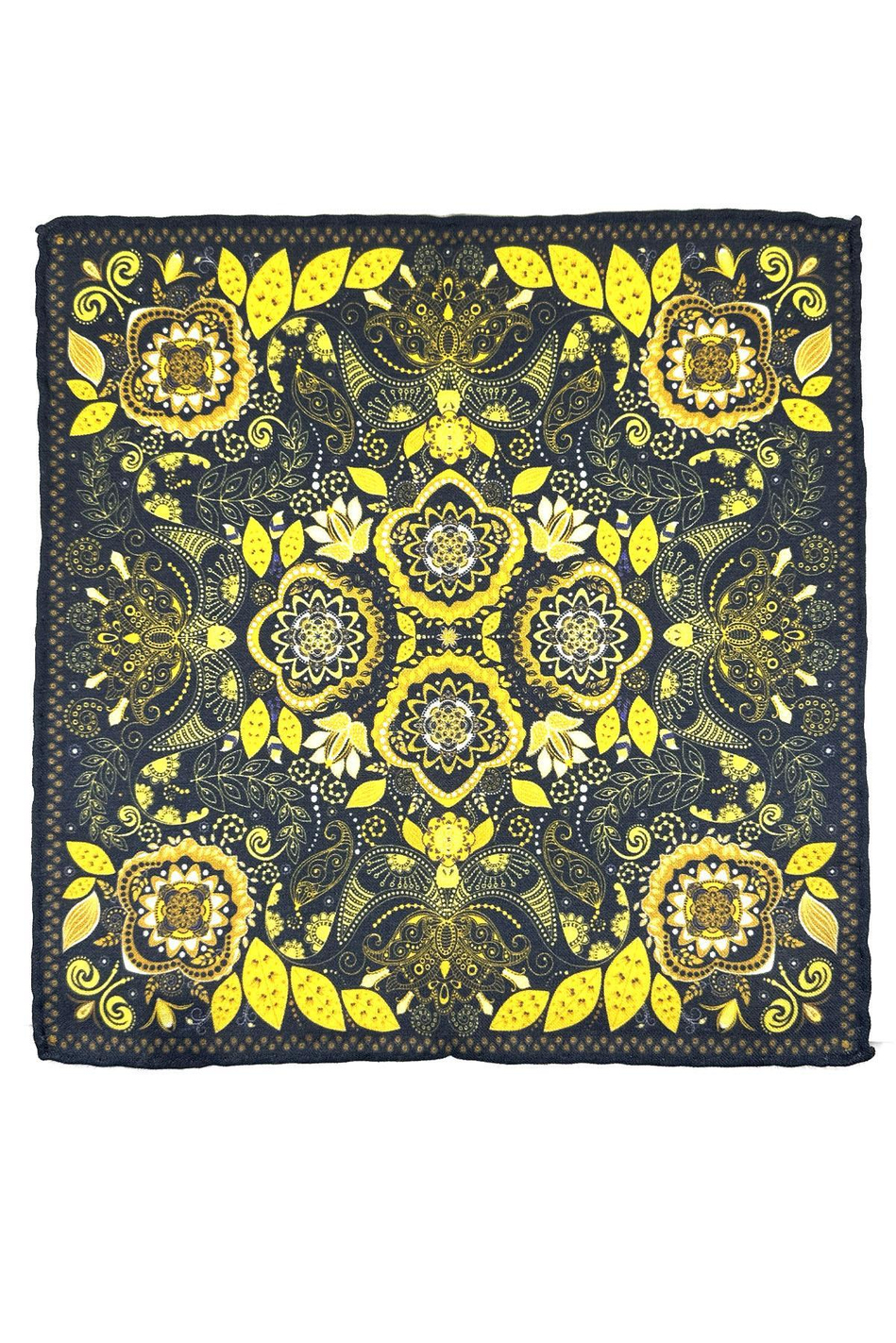 Lacivert - Sarı El Dikişi İtalyan Yün Cep Mendili WL06