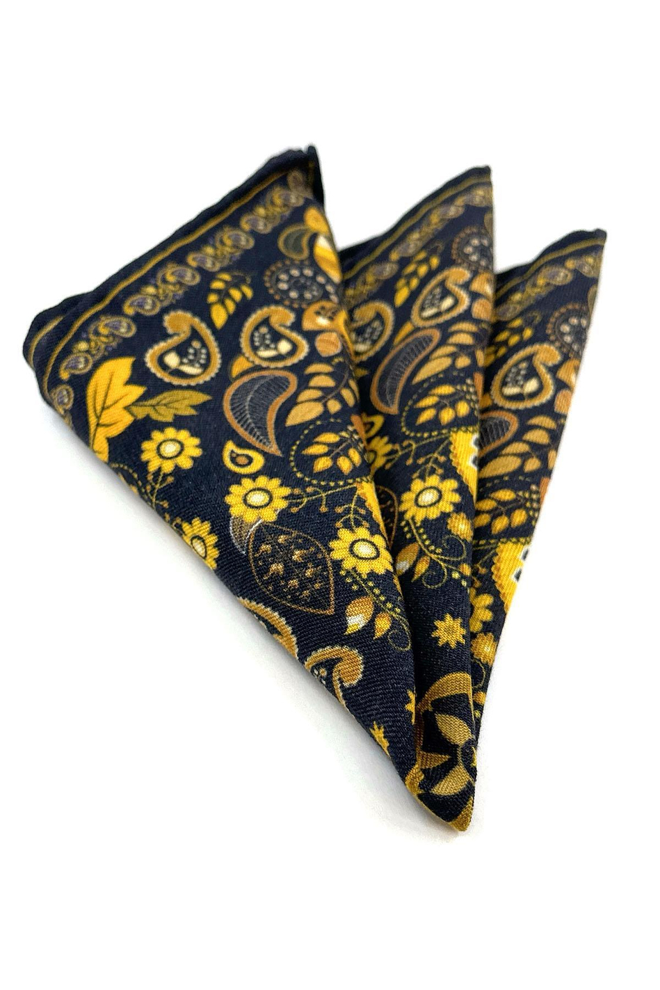 Lacivert - Sarı El Dikişi İtalyan Yün Cep Mendili WL14
