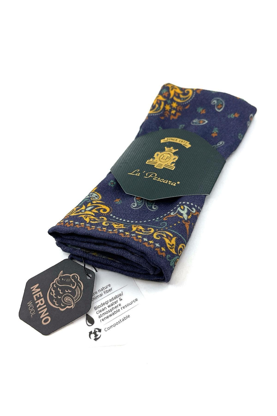 Lacivert - Sarı El Dikişi İtalyan Yün Cep Mendili WL03