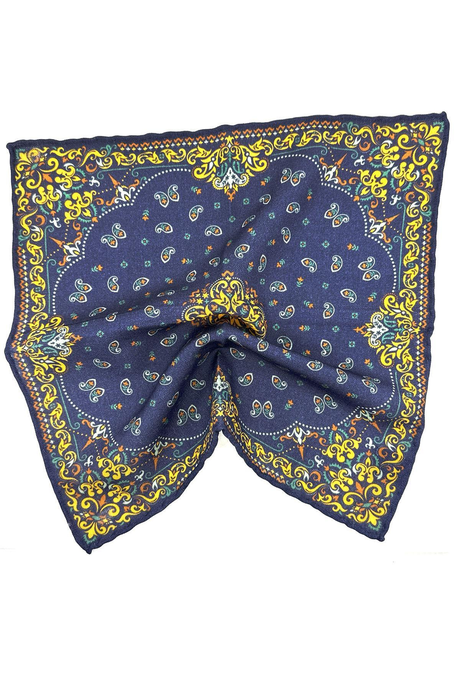 Lacivert - Sarı El Dikişi İtalyan Yün Cep Mendili WL03