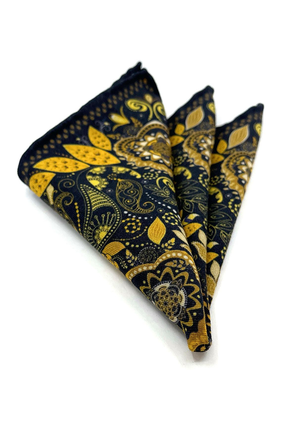 Lacivert - Sarı El Dikişi İtalyan Yün Cep Mendili WL06