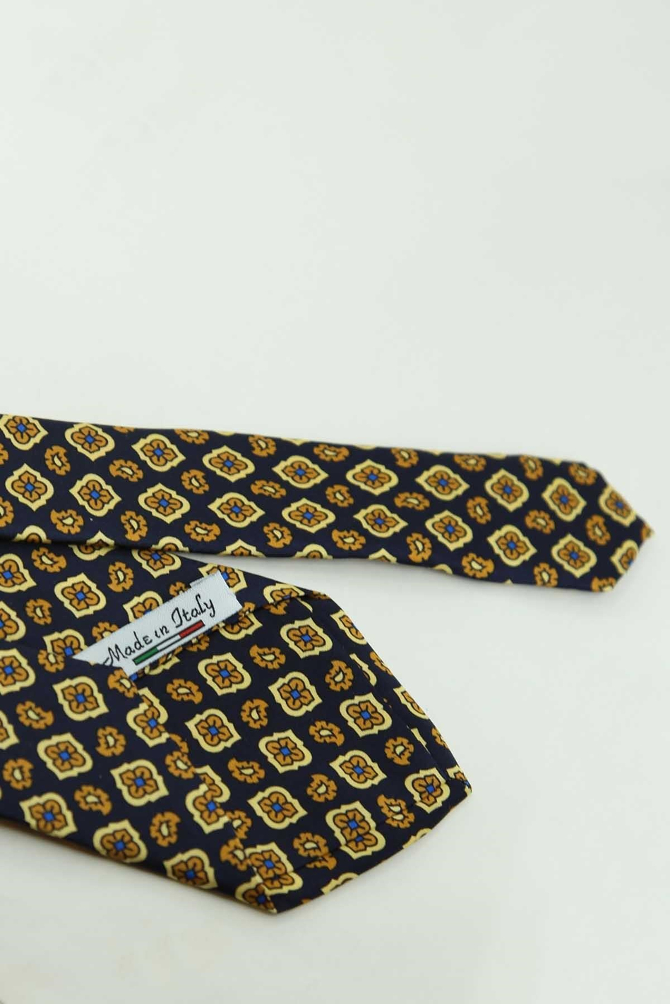 Lacivert Sarı Motif Desen İtalyan İpek Kravat İK2533