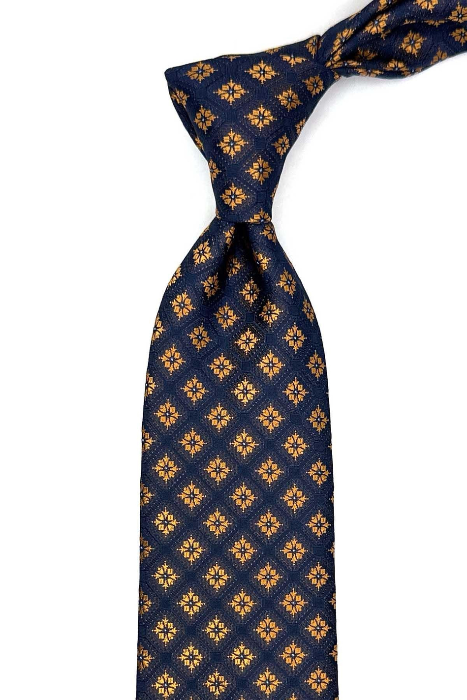 Lacivert - Sarı Motif Desen Mendilli Klasik Kravat KK12854
