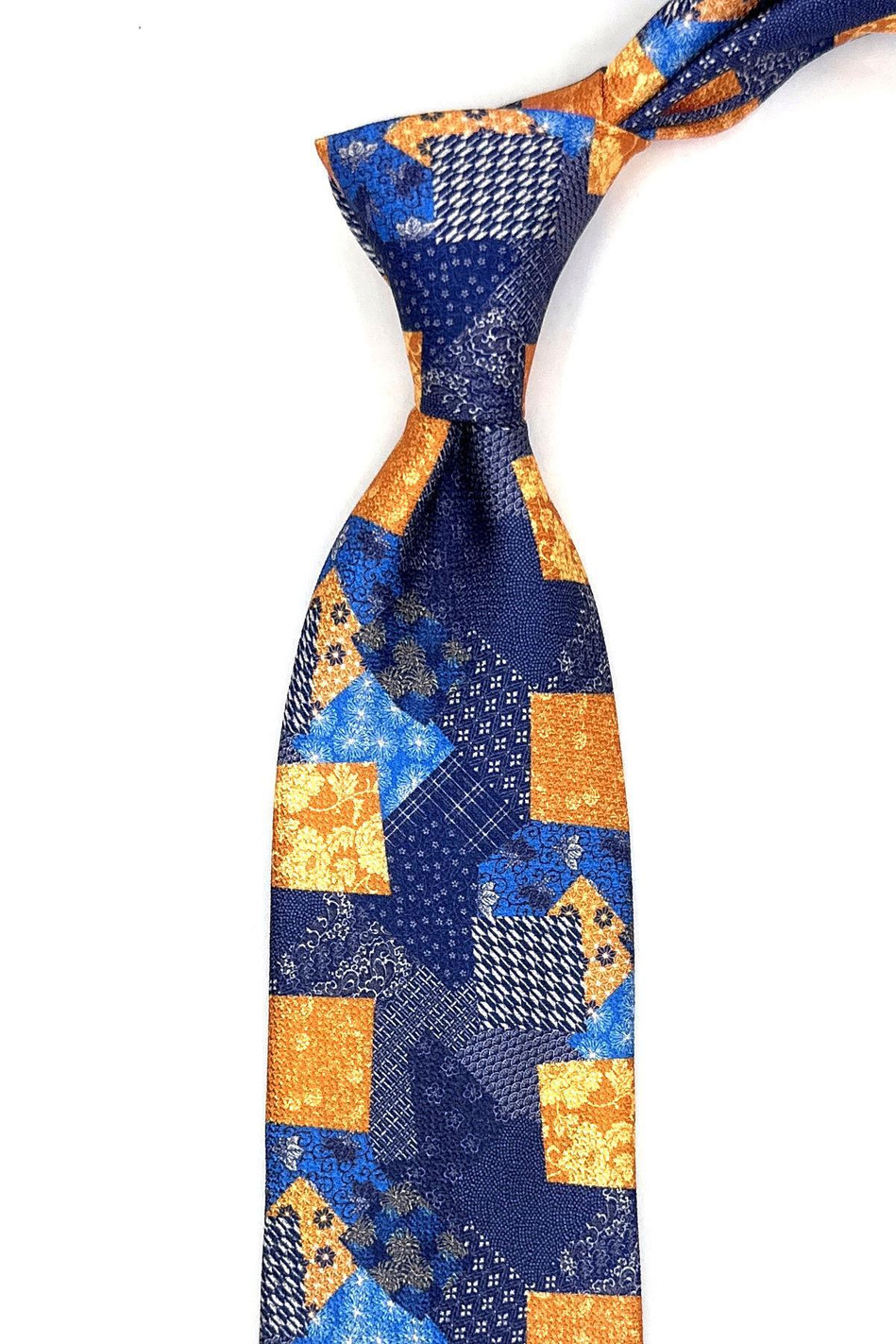 Lacivert - Sarı Motif Desen Mendilli Klasik Kravat KK11792