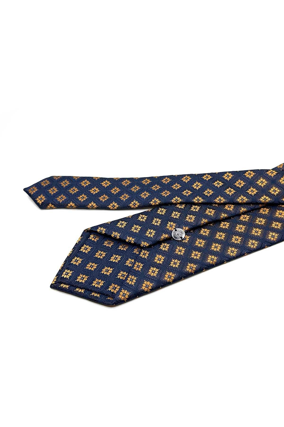 Lacivert - Sarı Motif Desen Mendilli Klasik Kravat KK12854