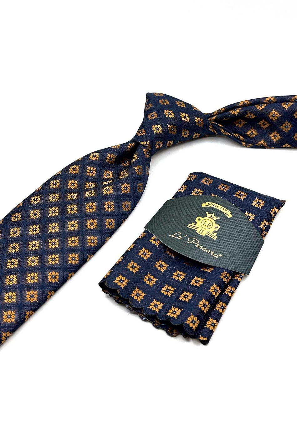 Lacivert - Sarı Motif Desen Mendilli Klasik Kravat KK12854