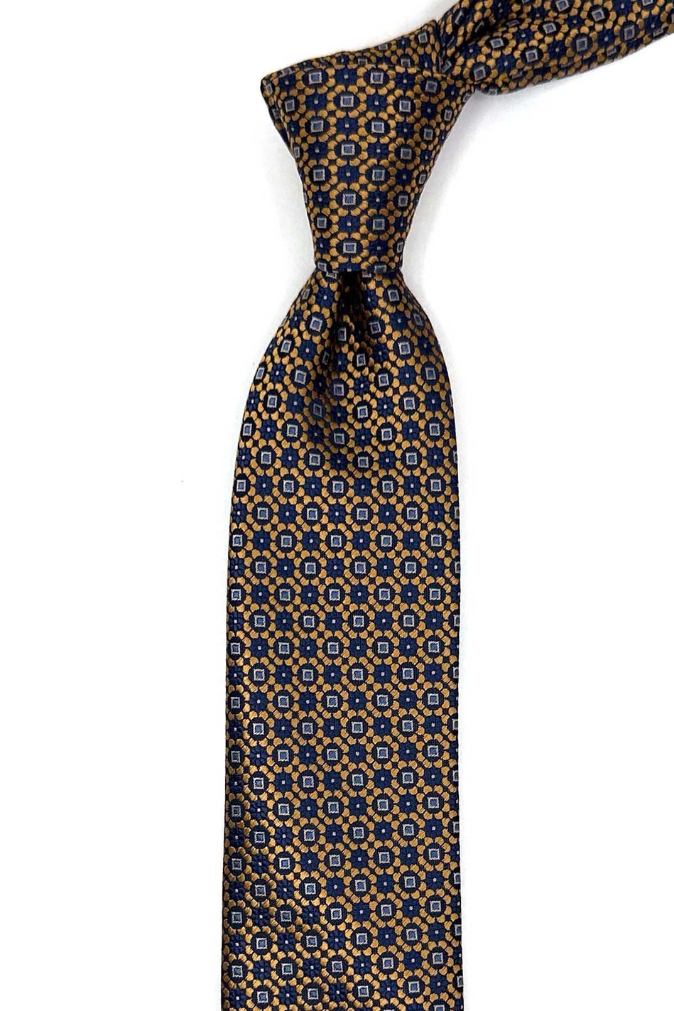 Lacivert - Sarı Motif Desen Slim Kravat SK7984