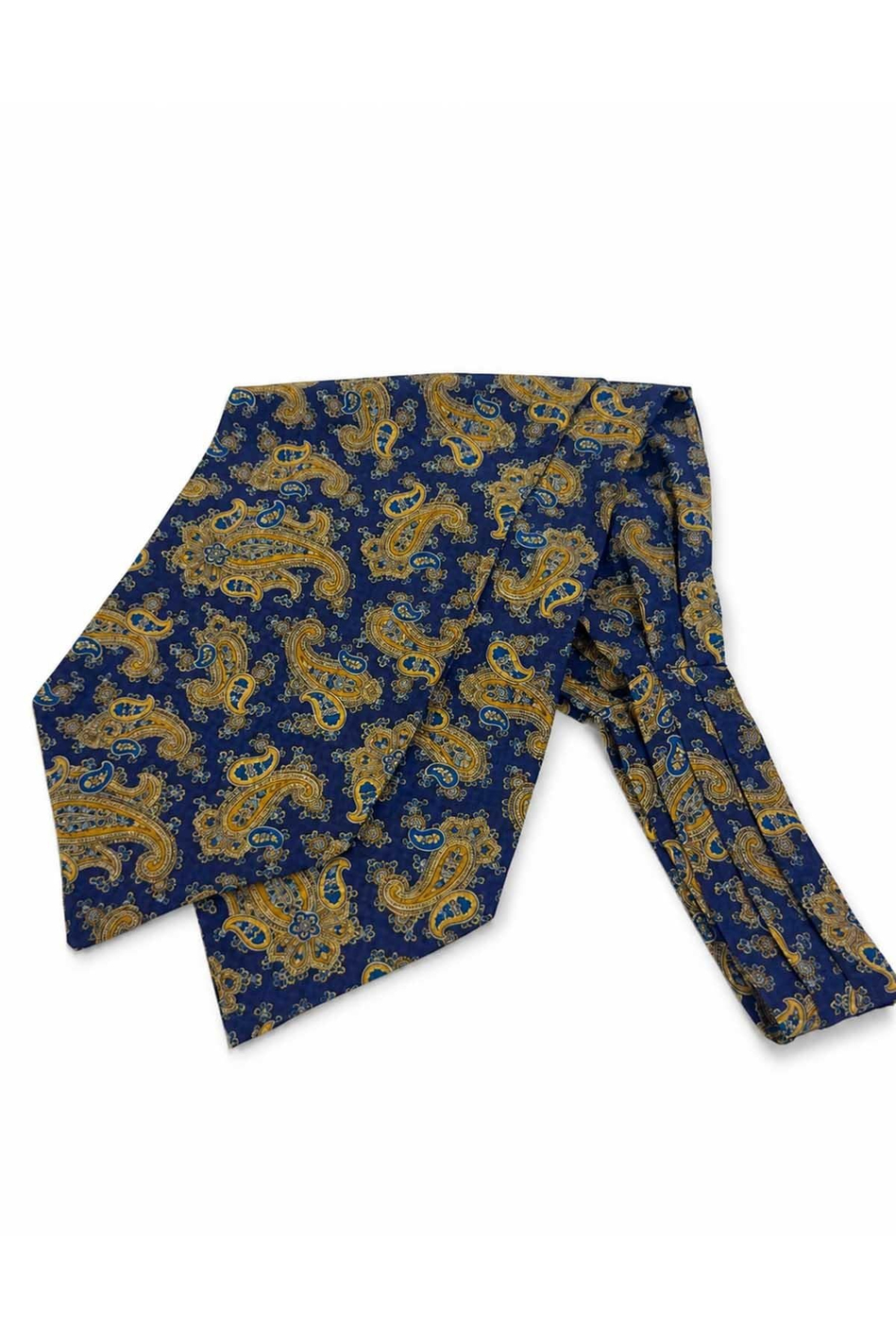 Lacivert Sarı Şal Desen İtalyan İpek Ascot Kravat SAC118