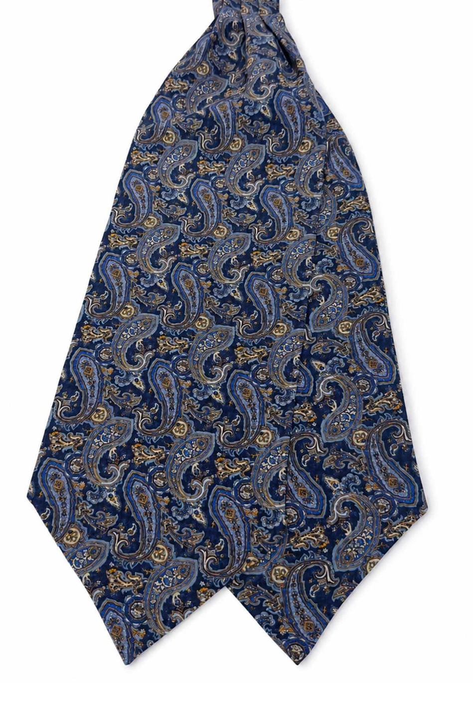 Lacivert Sarı Şal Desen İtalyan İpek Ascot Kravat SAC80