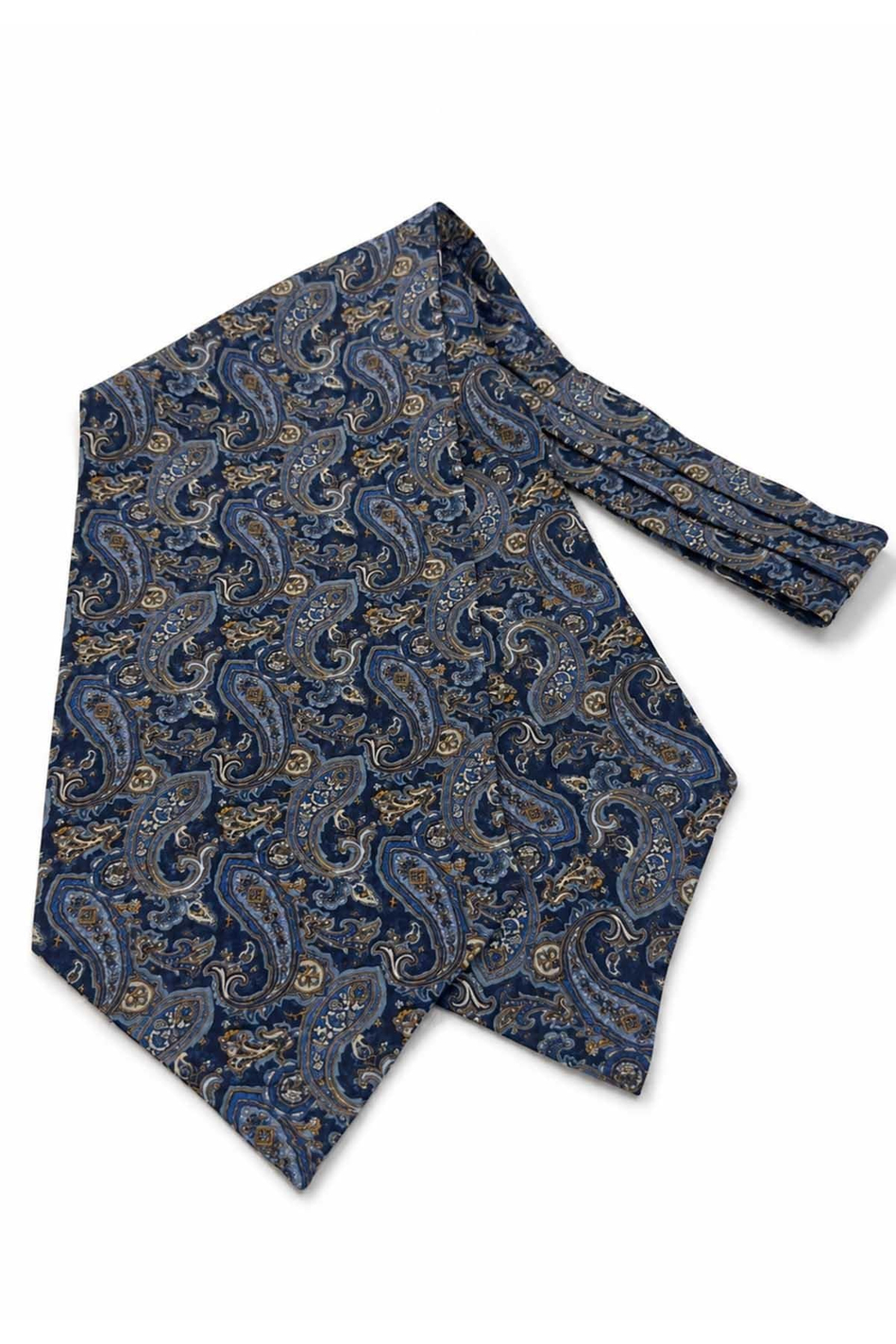 Lacivert Sarı Şal Desen İtalyan İpek Ascot Kravat SAC80
