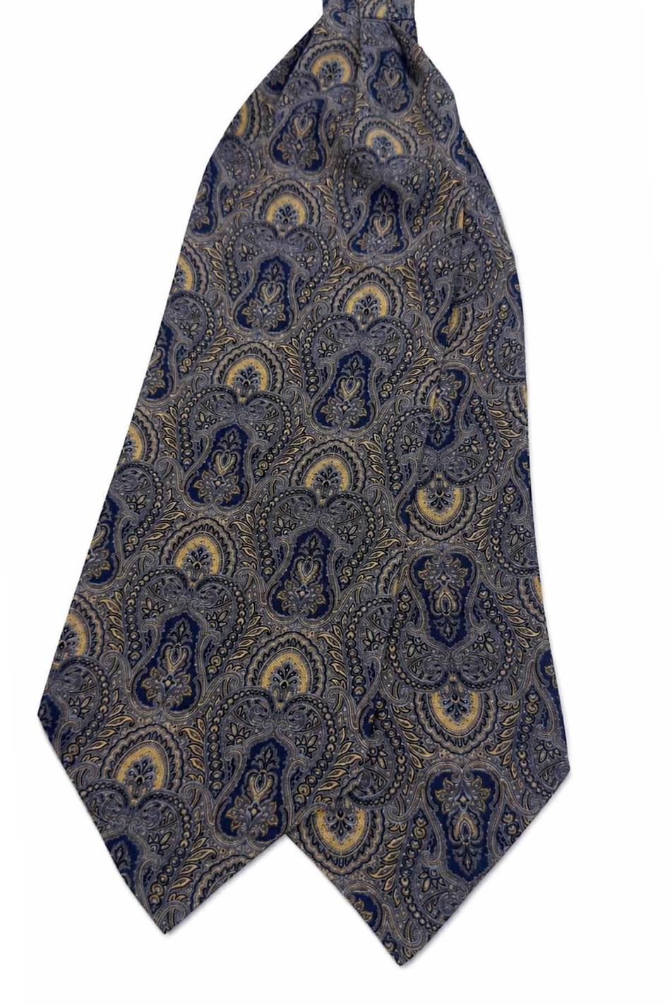 Lacivert Sarı Şal Desen İtalyan İpek Ascot Kravat SAC148