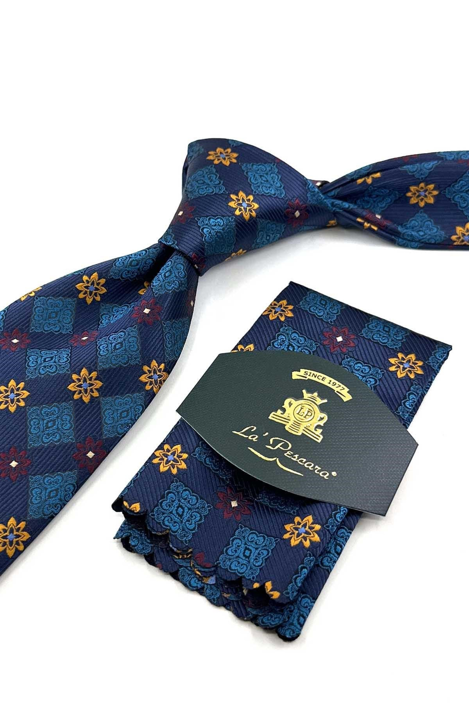 Lacivert Turkuaz Motif Desen Mendilli Klasik Kravat KK13944