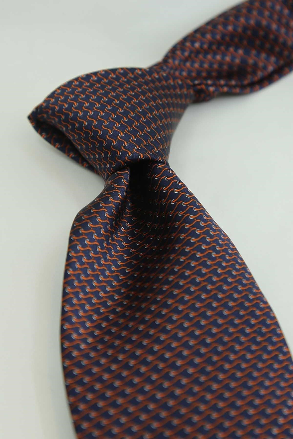 Lacivert Turuncu Motif Desen İtalyan İpek Kravat İK2576