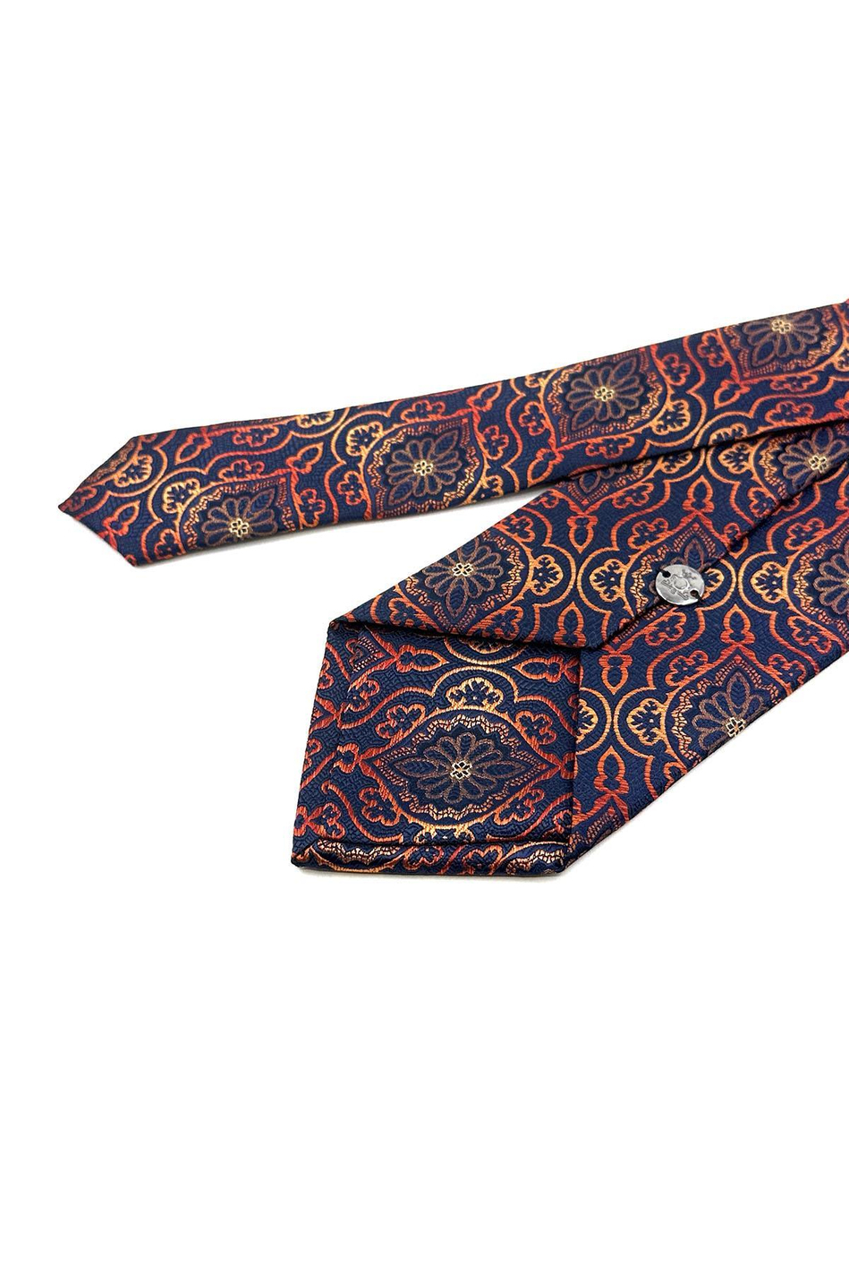 Lacivert - Turuncu Motif Desen Mendilli Klasik Kravat KK11976