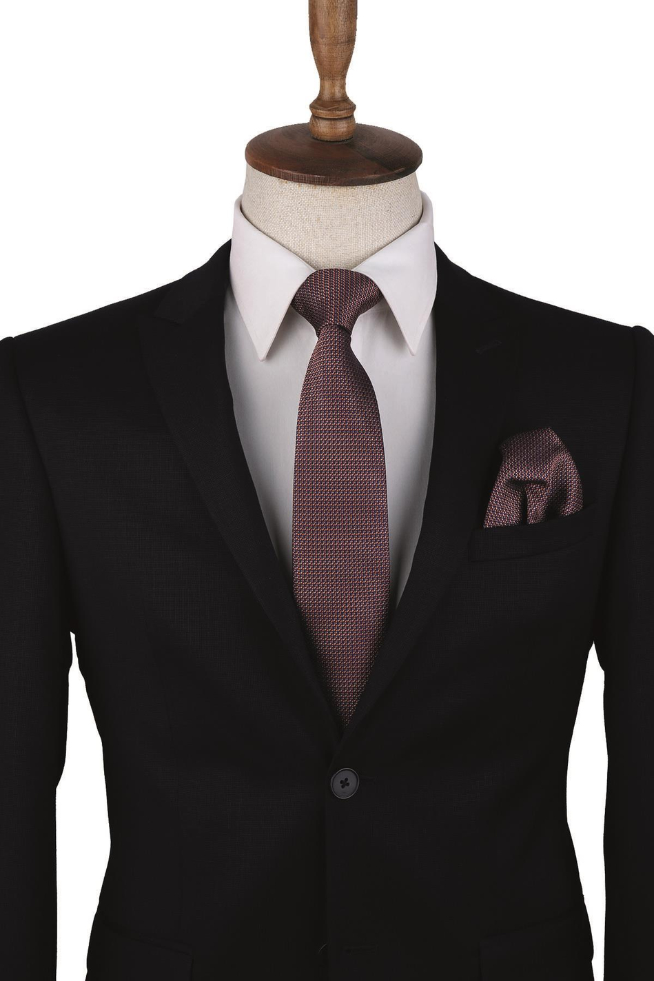 Lacivert - Turuncu Nokta Desen Mendilli Klasik Kravat KK10098