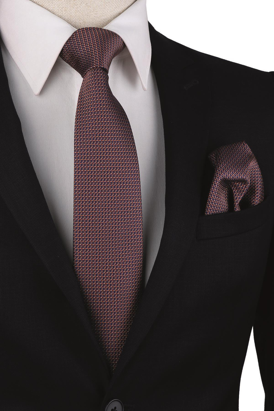 Lacivert - Turuncu Nokta Desen Mendilli Klasik Kravat KK10098