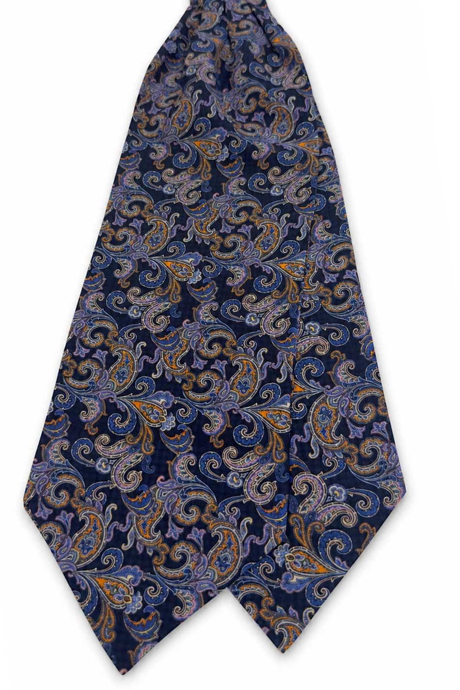 Lacivert Turuncu Şal Desen İtalyan İpek Ascot Kravat SAC115