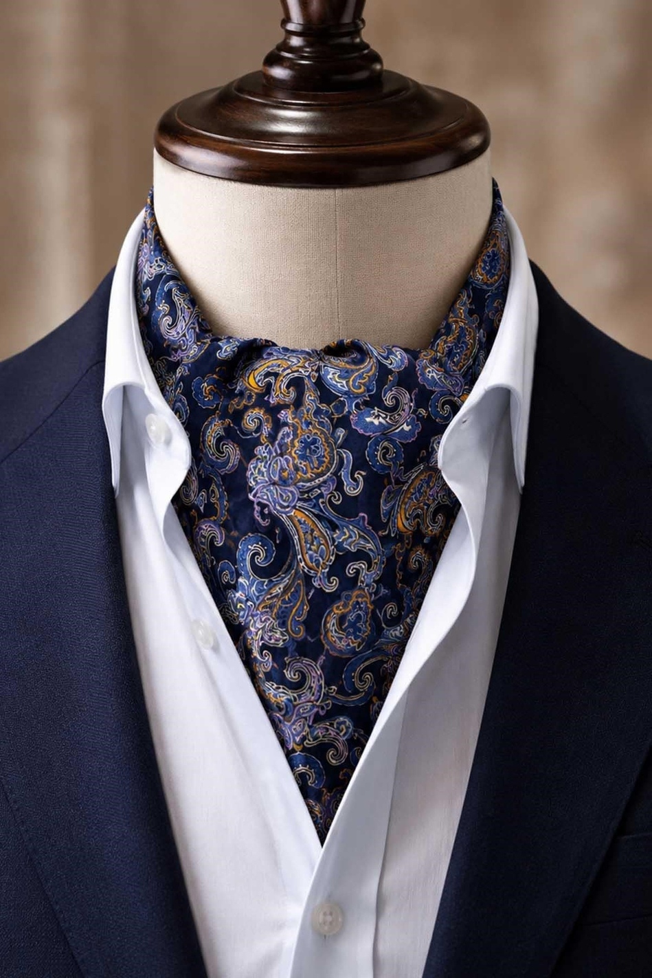 Lacivert Turuncu Şal Desen İtalyan İpek Ascot Kravat SAC115