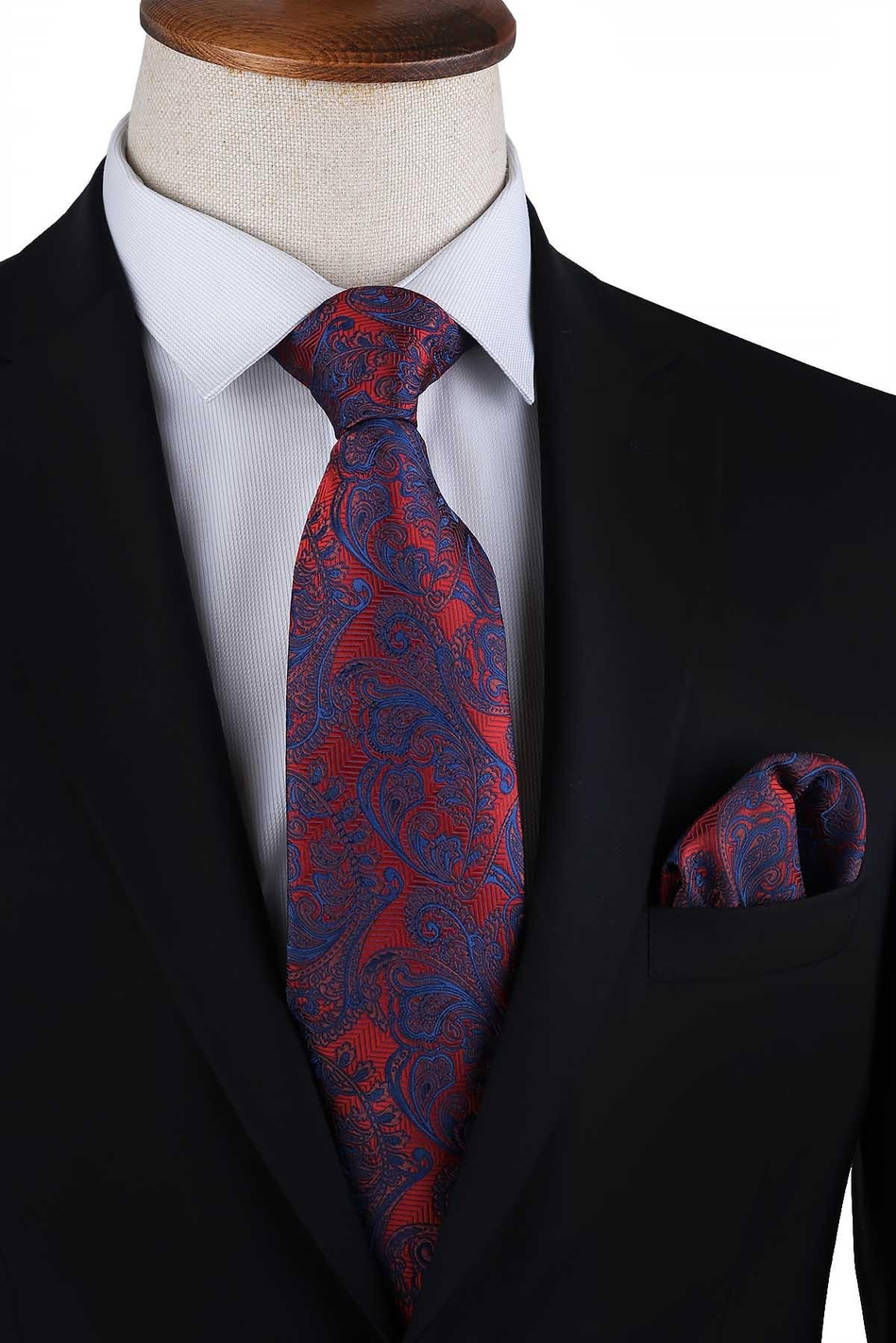 Lacivert - Turuncu Şal Desen Mendilli Klasik Kravat KK13128